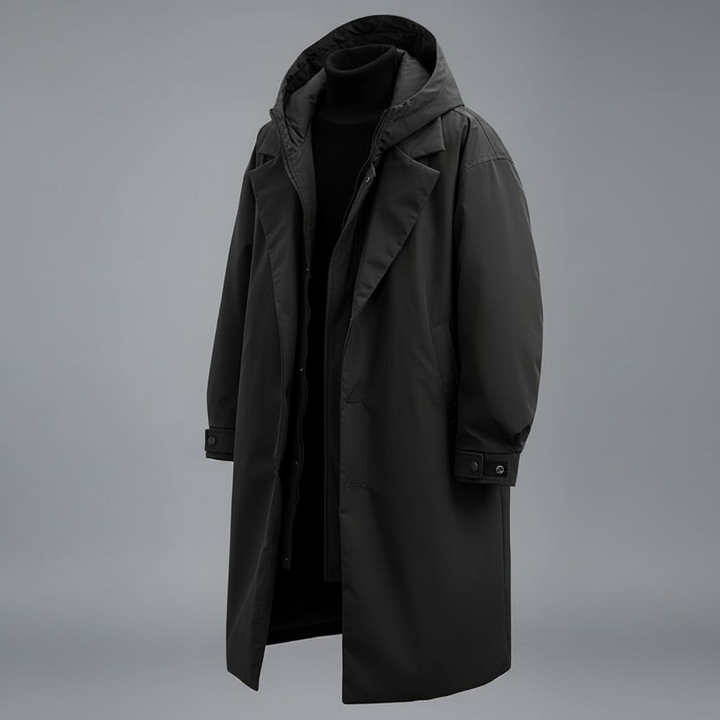 Men's Long Puffer Trench Coat with Hood | Waterproof Winter Coat