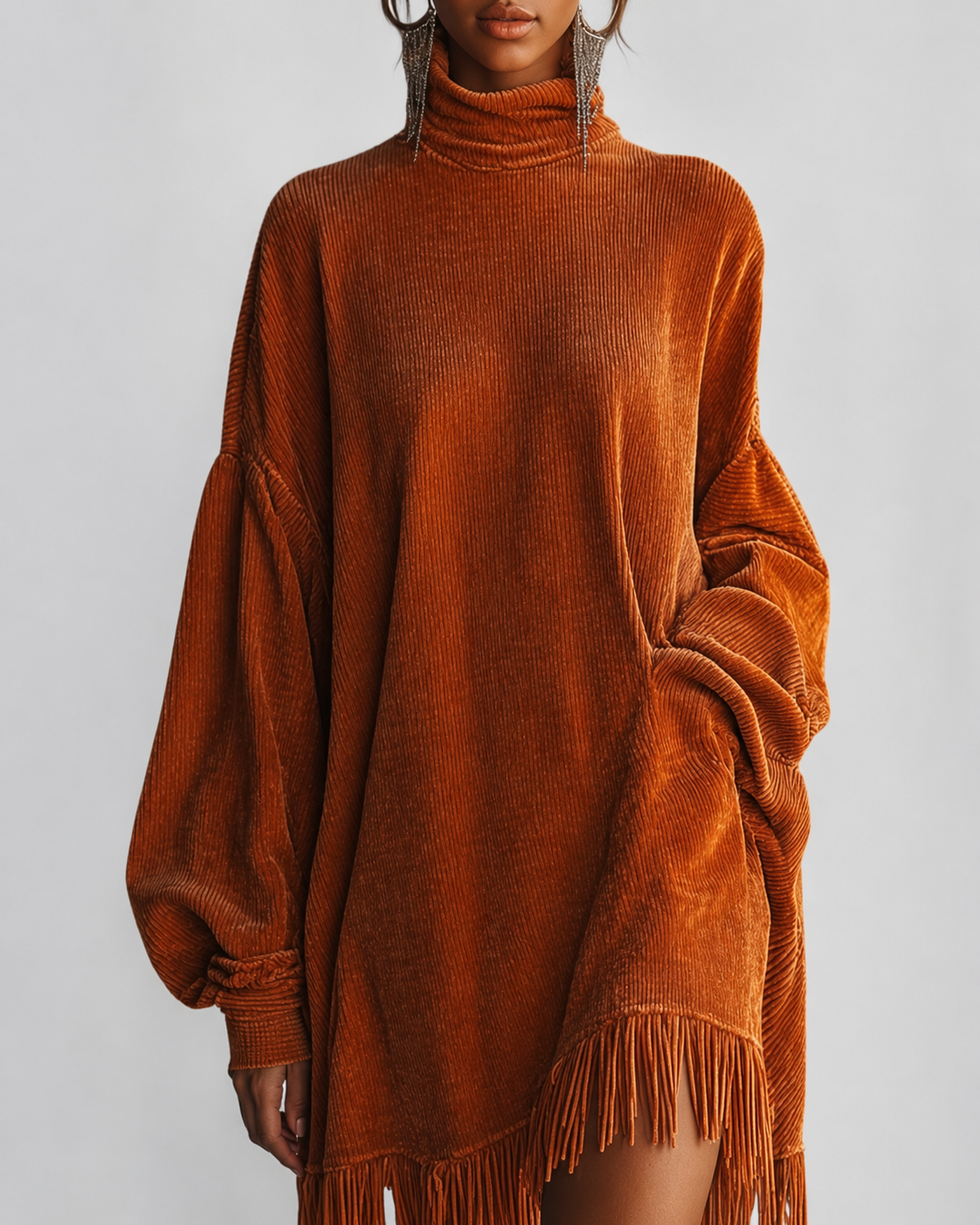 Women's Knit Turtleneck Sweater Dress with Fringe Hem