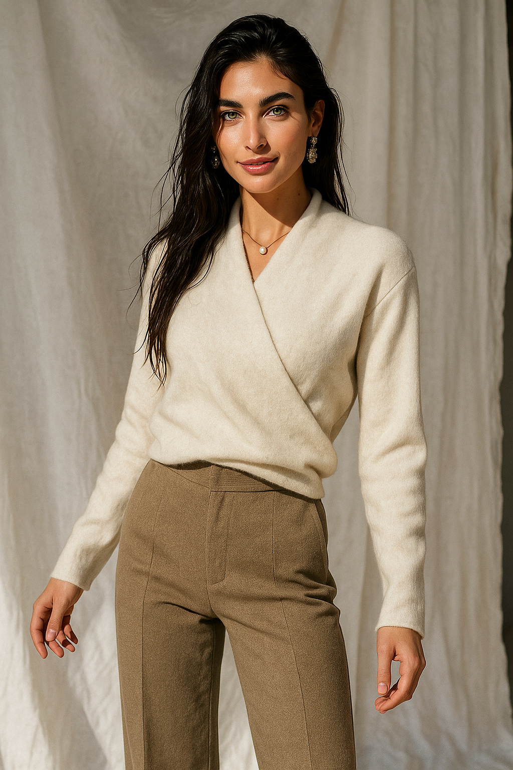 Women's V-Neck Wrap Knit Cashmere Sweater – Styled outfit with V-neck wrap cashmere sweater