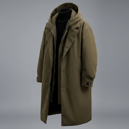 Men's Long Puffer Trench Coat with Hood | Waterproof Winter Coat
