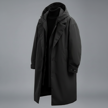 Men's Long Puffer Trench Coat with Hood | Waterproof Winter Coat