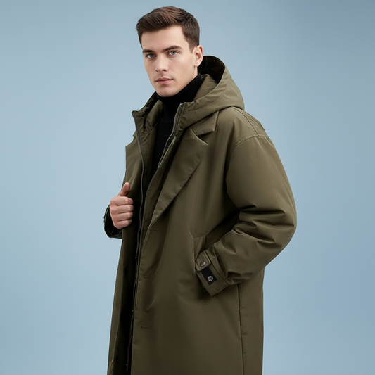 Men's Long Puffer Trench Coat with Hood | Waterproof Winter Coat