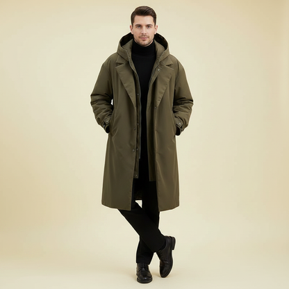 Men's Long Puffer Trench Coat with Hood | Waterproof Winter Coat