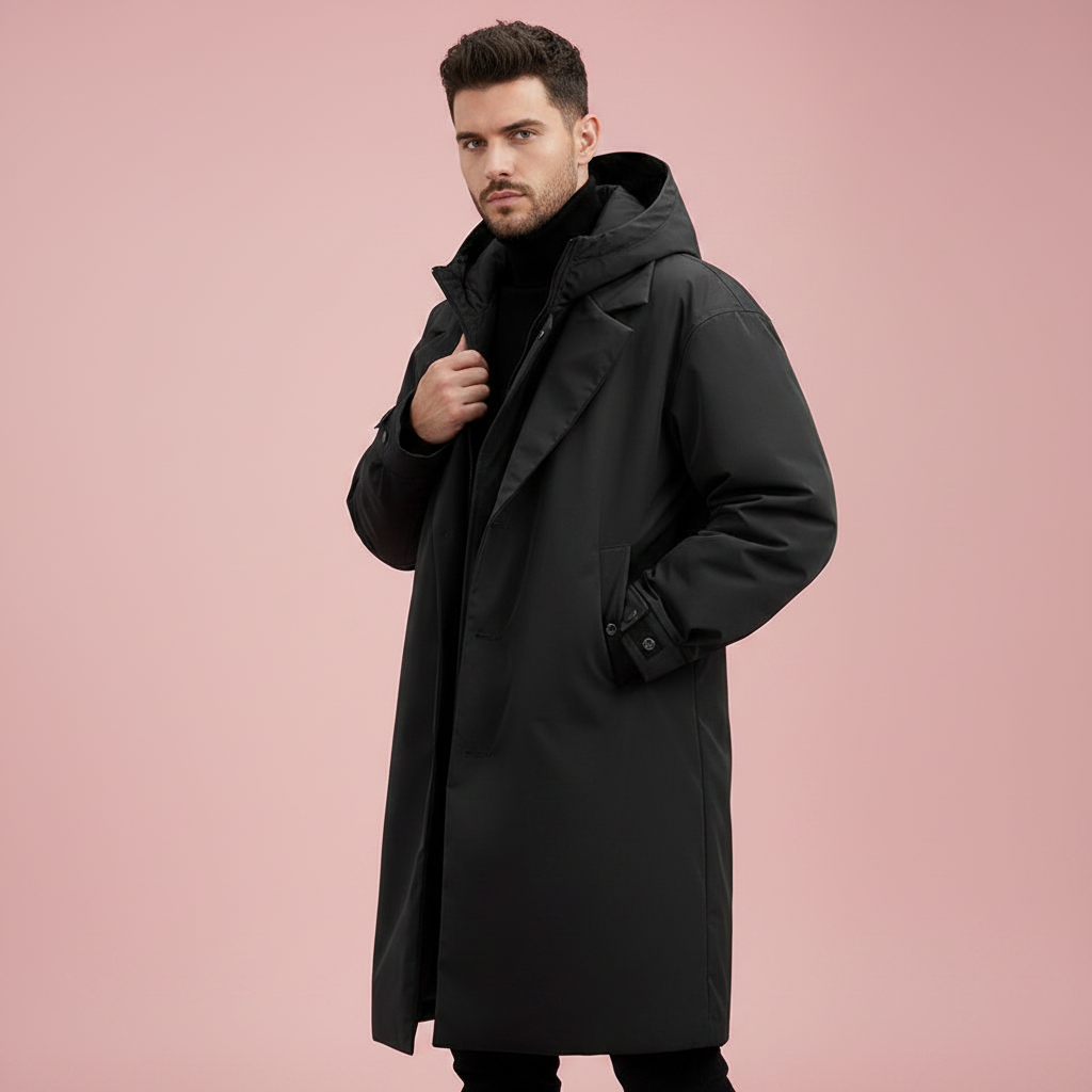 Men's Long Puffer Trench Coat with Hood | Waterproof Winter Coat
