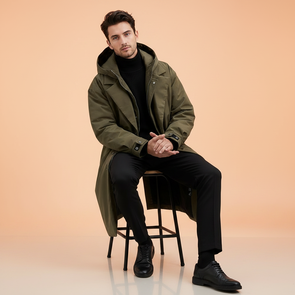 Men's Long Puffer Trench Coat with Hood | Waterproof Winter Coat