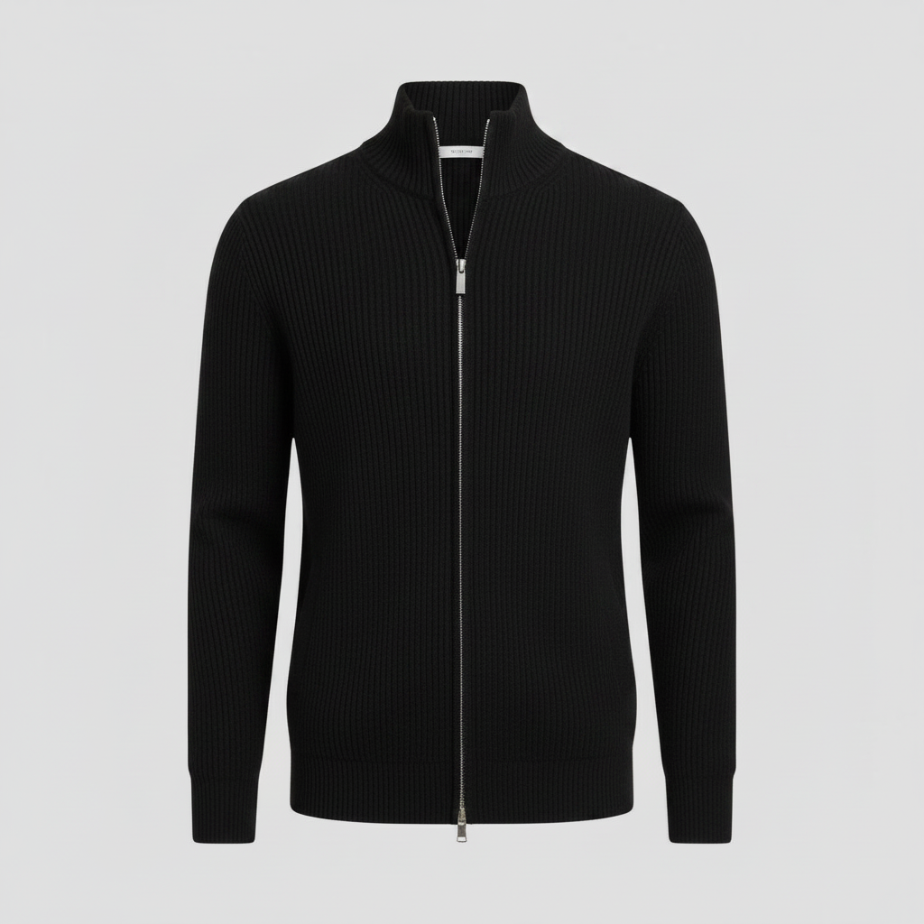 Men's Black Zip Cardigan | Slim Fit Ribbed Knit Sweater