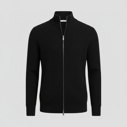 Men's Black Zip Cardigan | Slim Fit Ribbed Knit Sweater