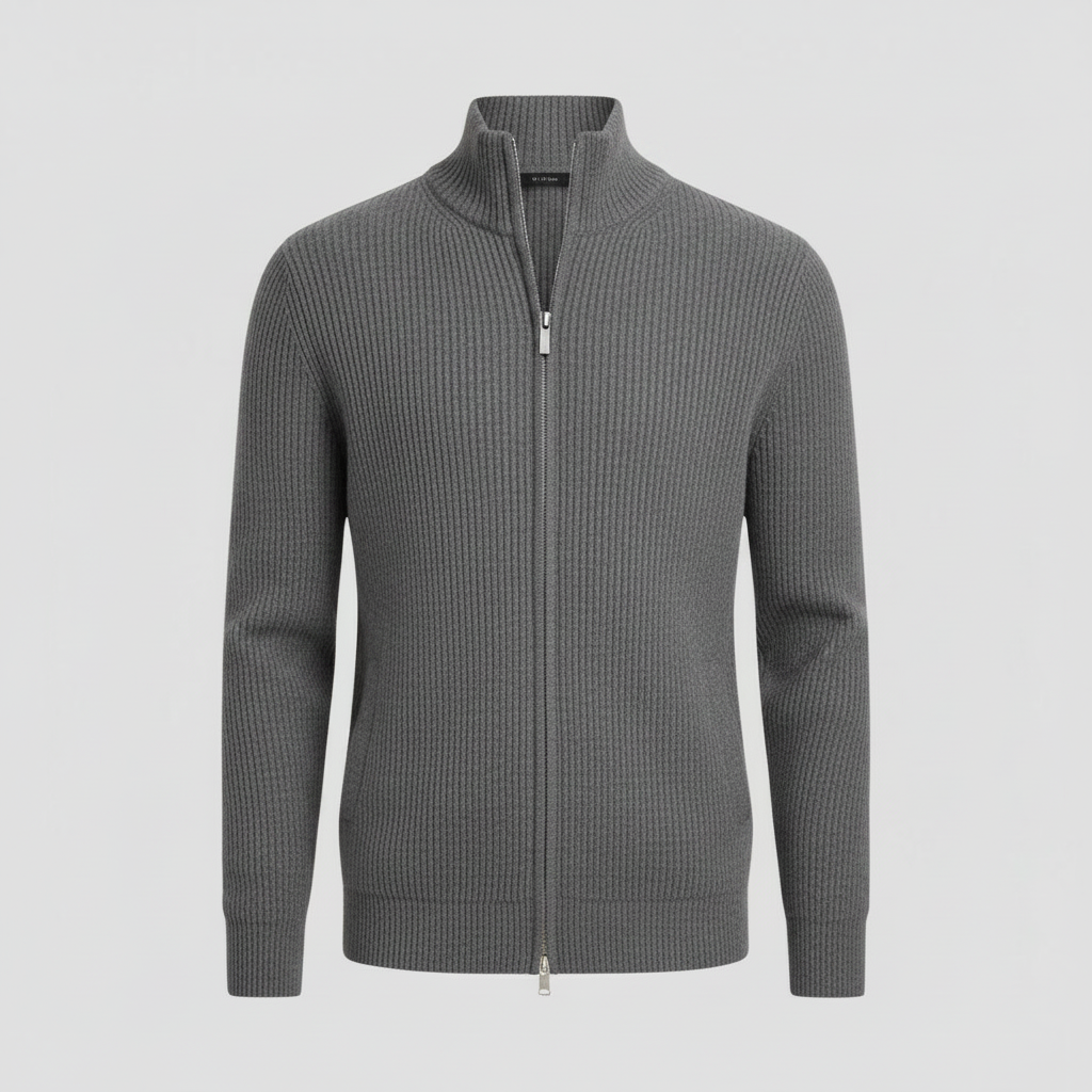 Men's Black Zip Cardigan | Slim Fit Ribbed Knit Sweater