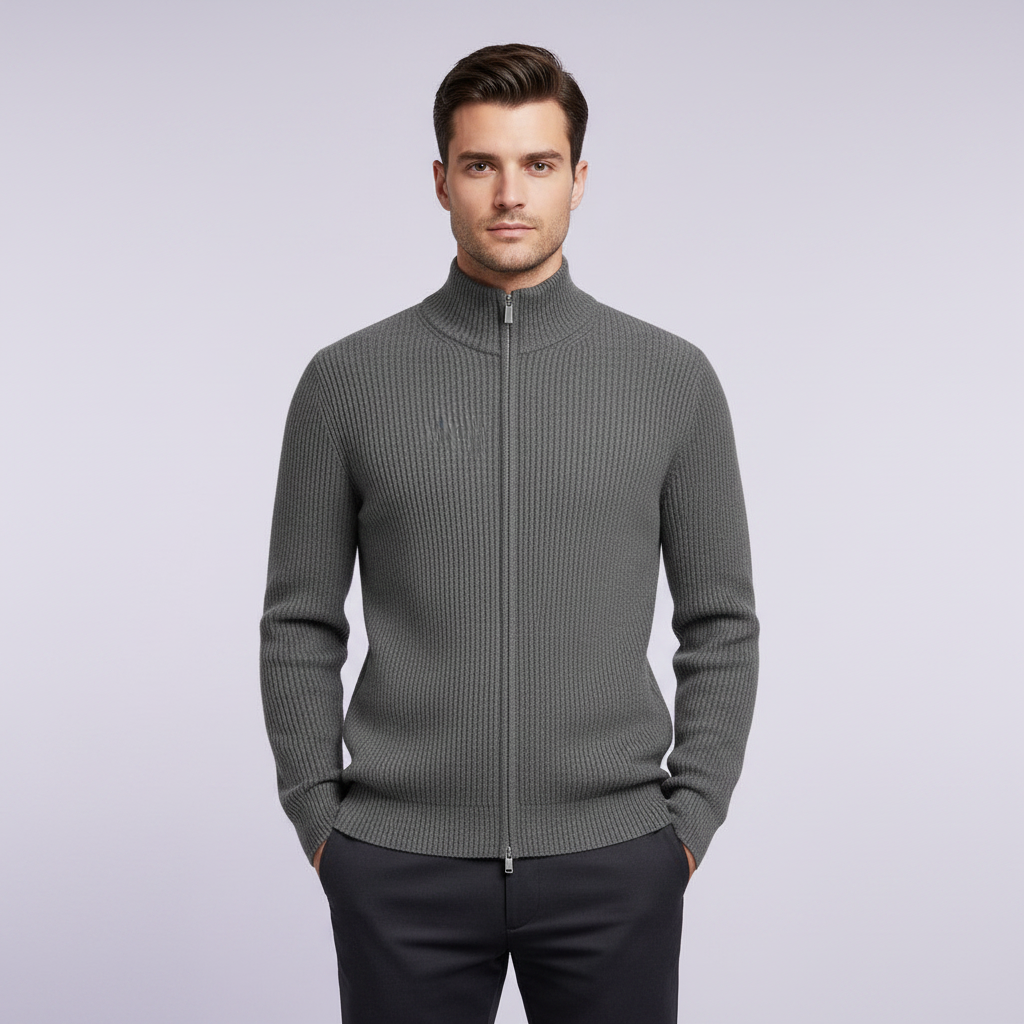 Men's Black Zip Cardigan | Slim Fit Ribbed Knit Sweater