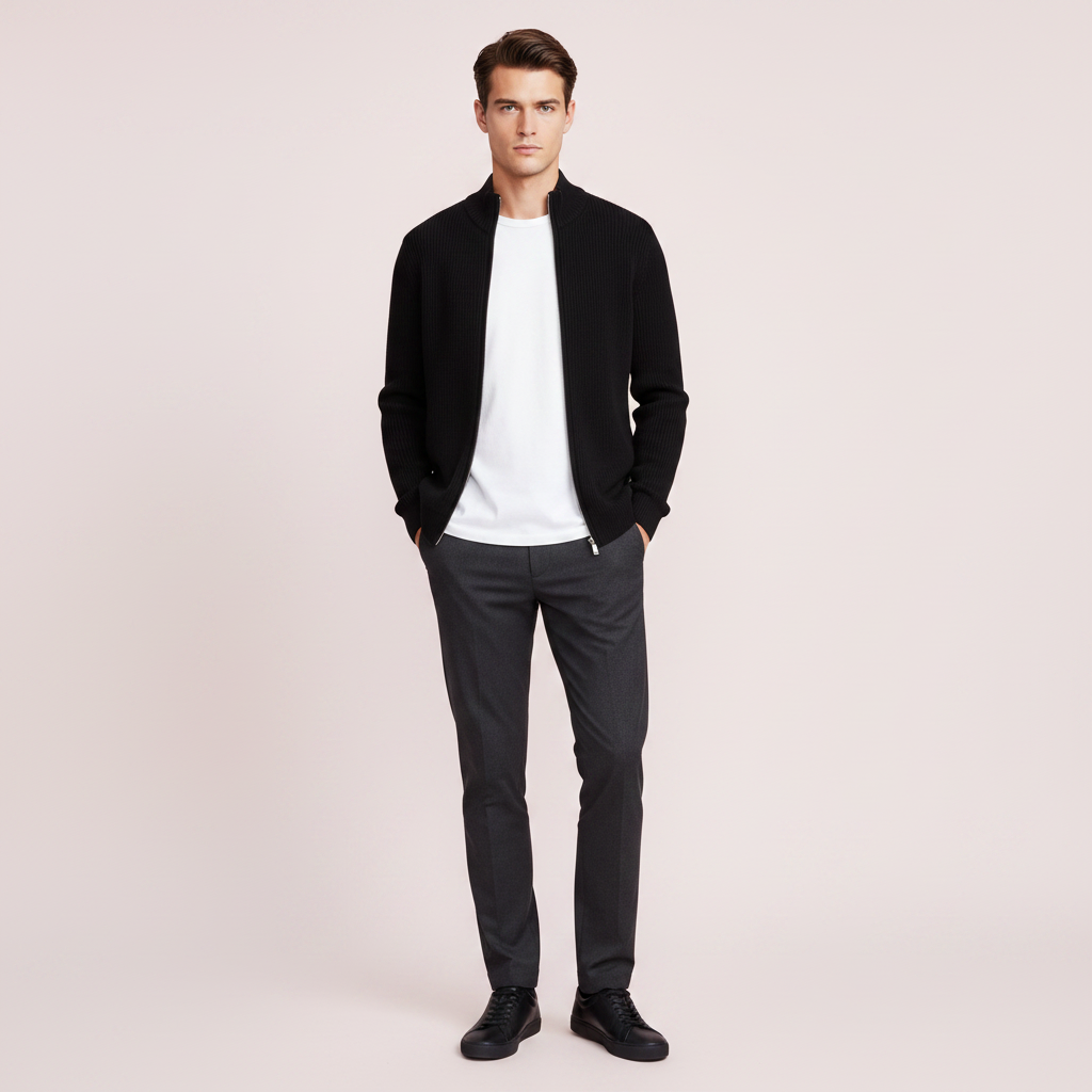 Men's Black Zip Cardigan | Slim Fit Ribbed Knit Sweater