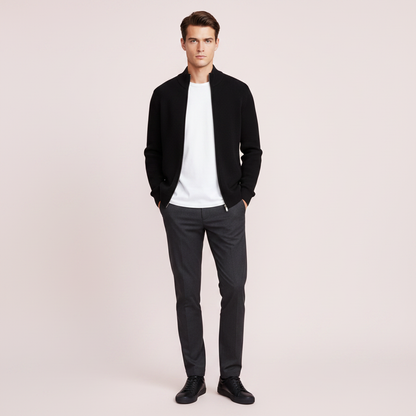 Men's Black Zip Cardigan | Slim Fit Ribbed Knit Sweater
