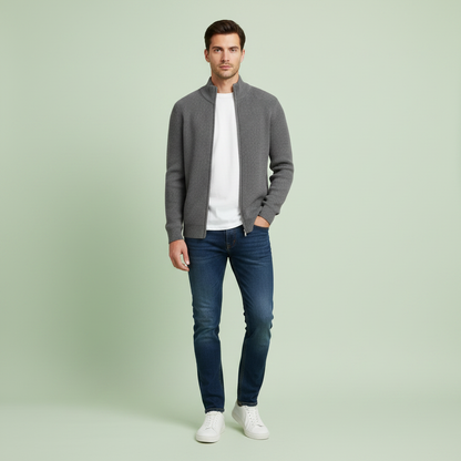 Men's Black Zip Cardigan | Slim Fit Ribbed Knit Sweater