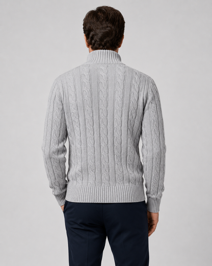 Men's Cable-Knit Half-Zip Sweater with High Collar