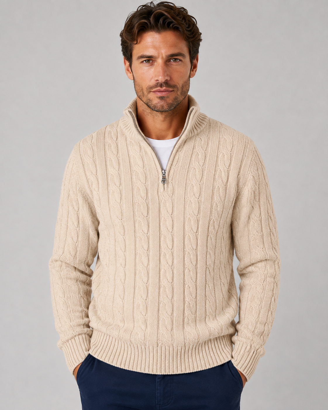 Men's Cable-Knit Half-Zip Sweater with High Collar