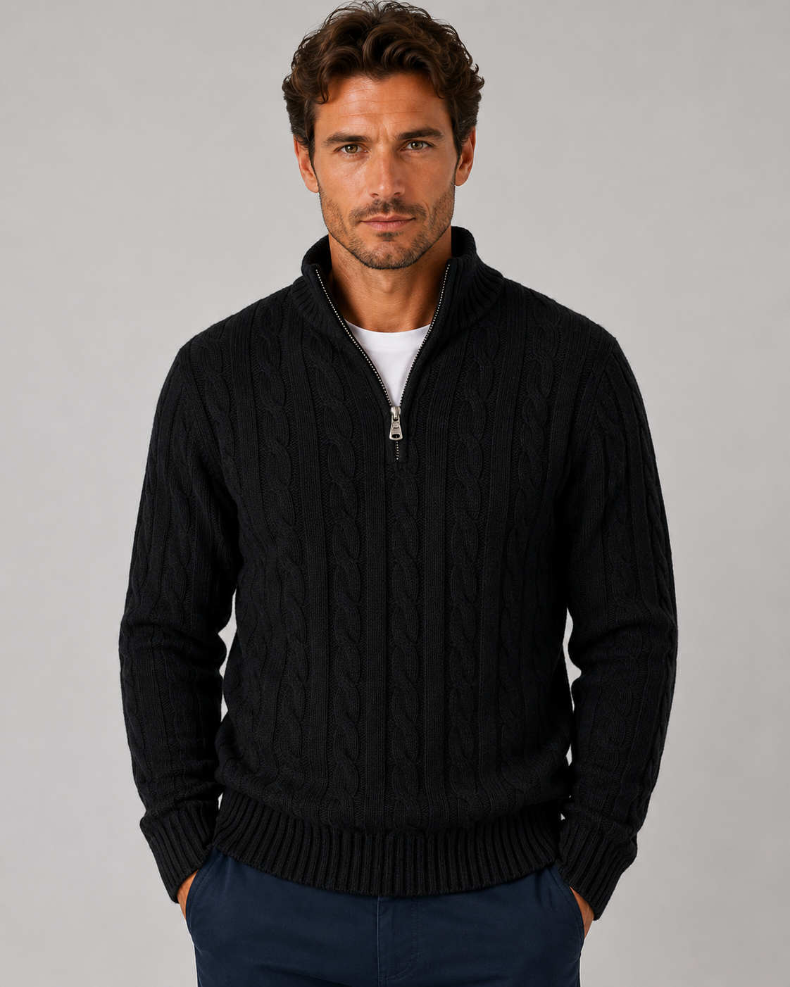 Men's Cable-Knit Half-Zip Sweater with High Collar