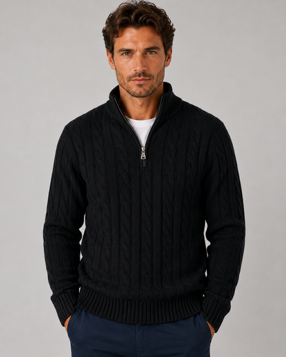 Men's Cable-Knit Half-Zip Sweater with High Collar