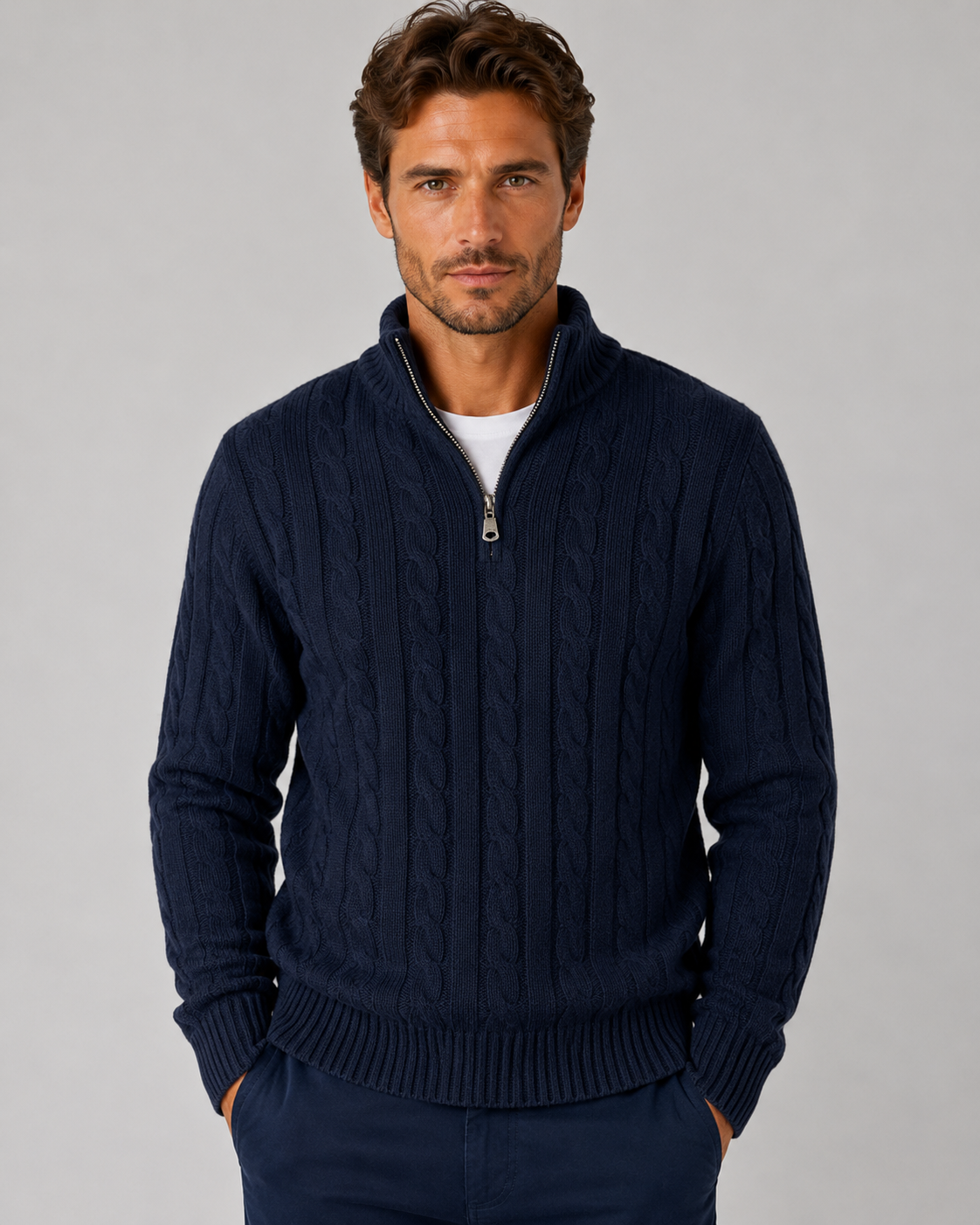 Men's Cable-Knit Half-Zip Sweater with High Collar