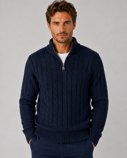 Men's Cable-Knit Half-Zip Sweater with High Collar