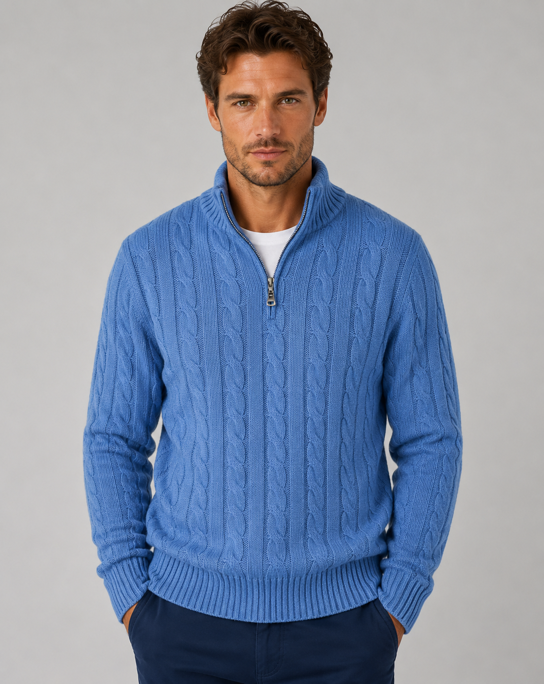 Men's Cable-Knit Half-Zip Sweater with High Collar