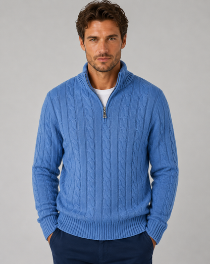 Men's Cable-Knit Half-Zip Sweater with High Collar