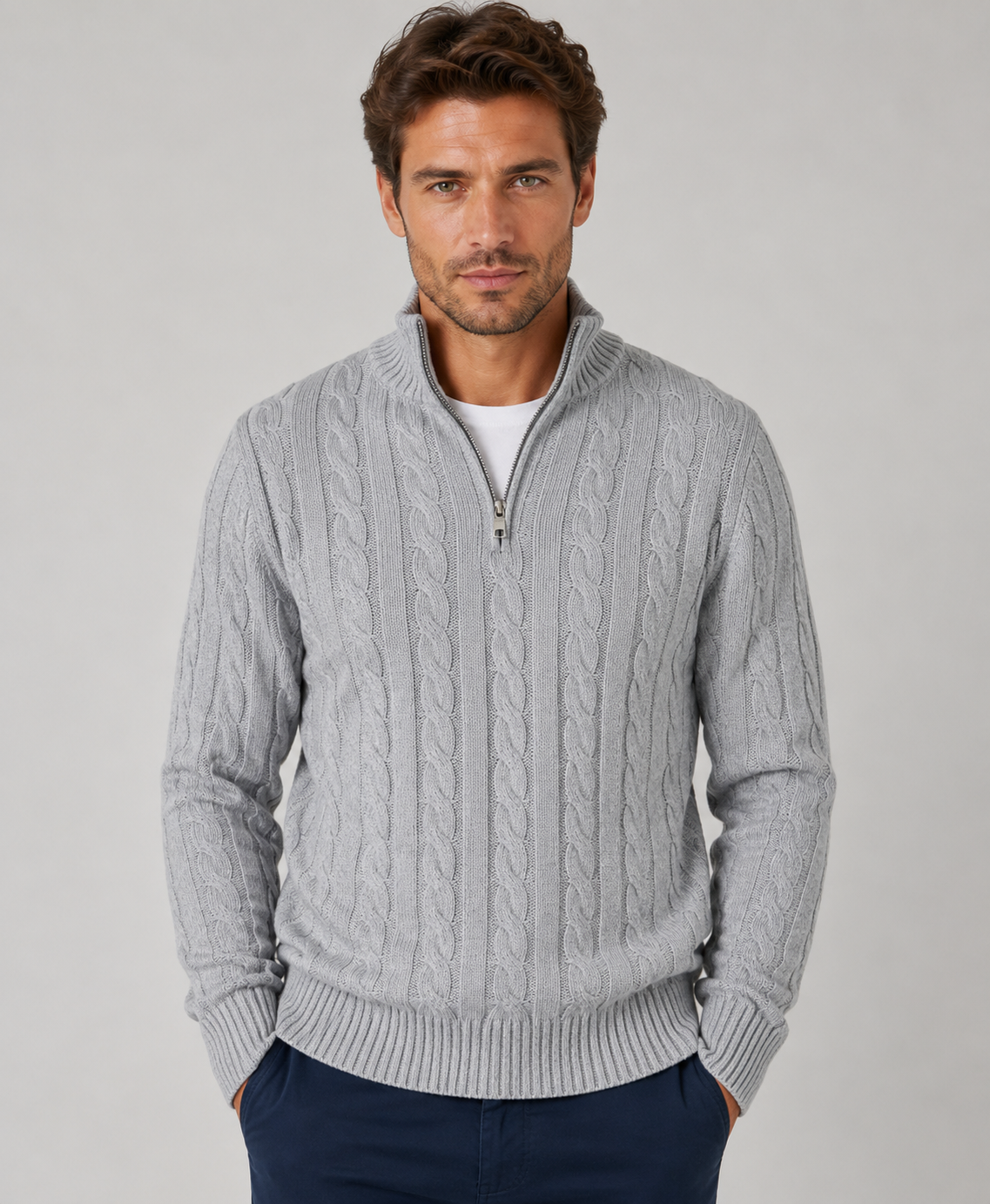 Men's Cable-Knit Half-Zip Sweater with High Collar