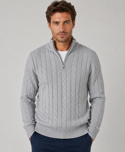 Men's Cable-Knit Half-Zip Sweater with High Collar