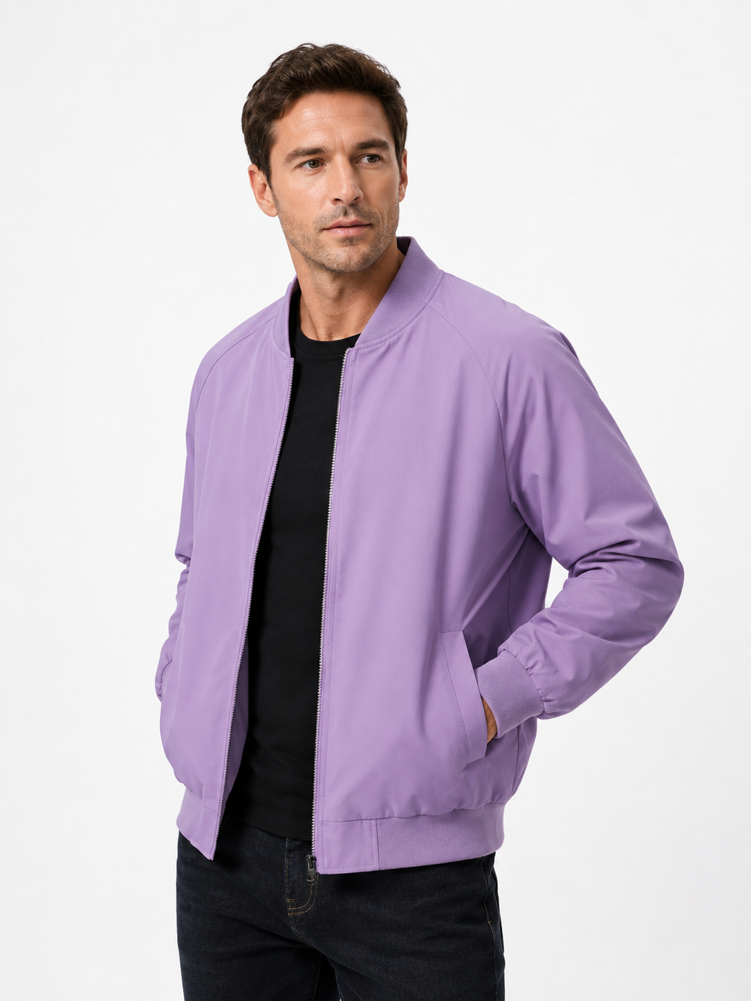 Men's Classic Bomber Jacket with Ribbed Collar