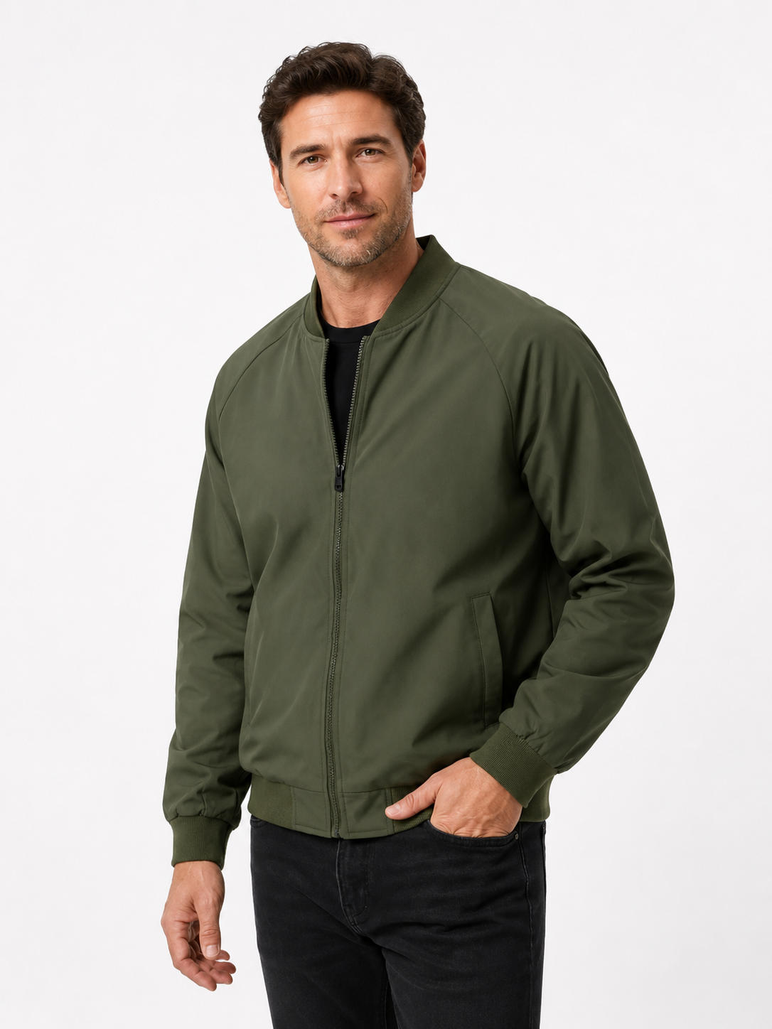 Men's Classic Bomber Jacket with Ribbed Collar