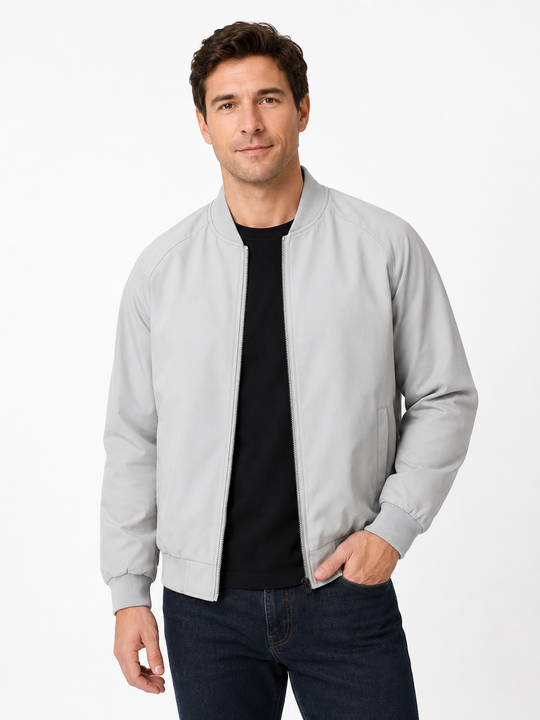Men's Classic Bomber Jacket with Ribbed Collar