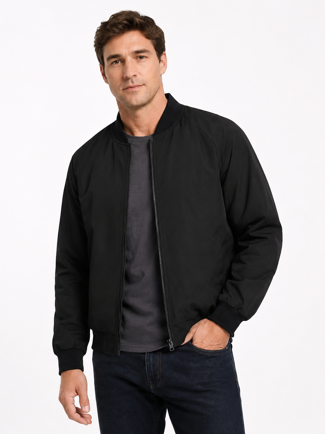 Men's Classic Bomber Jacket with Ribbed Collar