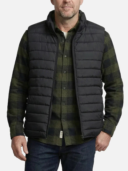 Men's Quilted Puffer Vest with Stand Collar & Zipper – Close-up of stand collar and zipper closure on green puffer vest