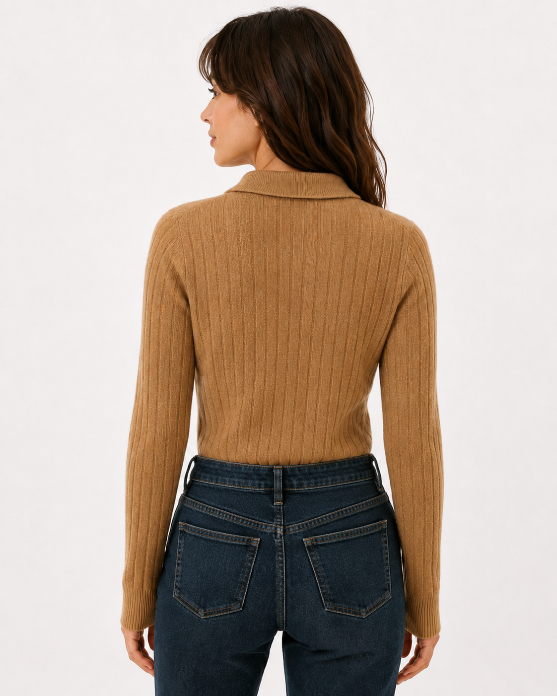 Women's Ribbed Merino Wool Polo Pullover with Button Collar