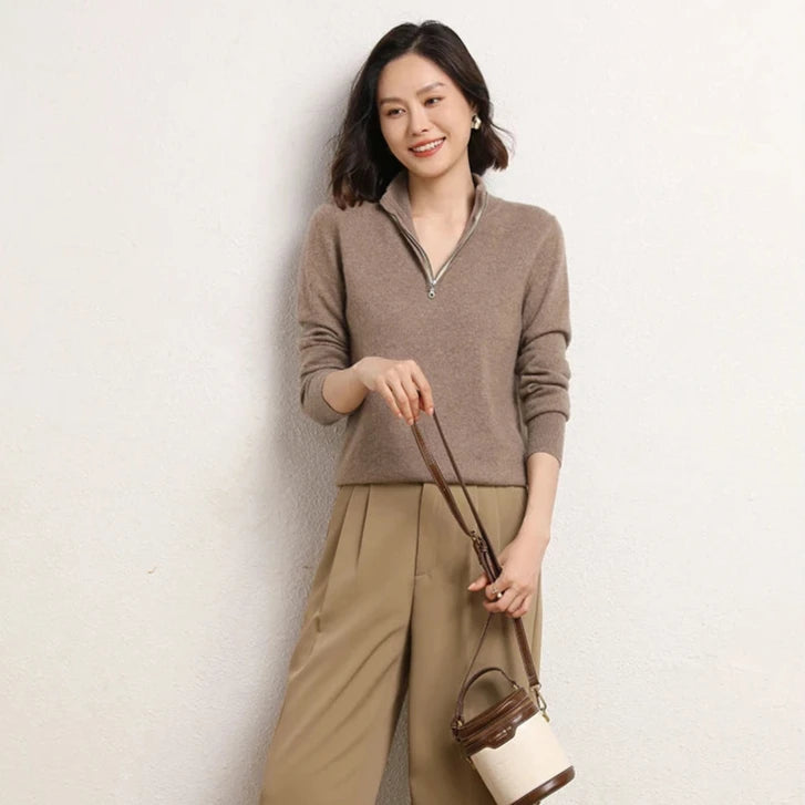 Men's Winter Cashmere Half-Zip Pullover Sweater – Full-length shot of model in camel cashmere half-zip