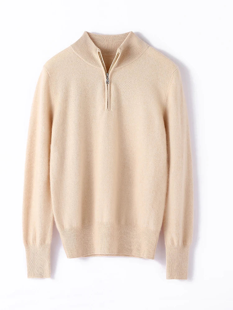 Men's Winter Cashmere Half-Zip Pullover Sweater – Styled outfit flat lay featuring beige cashmere half-zip