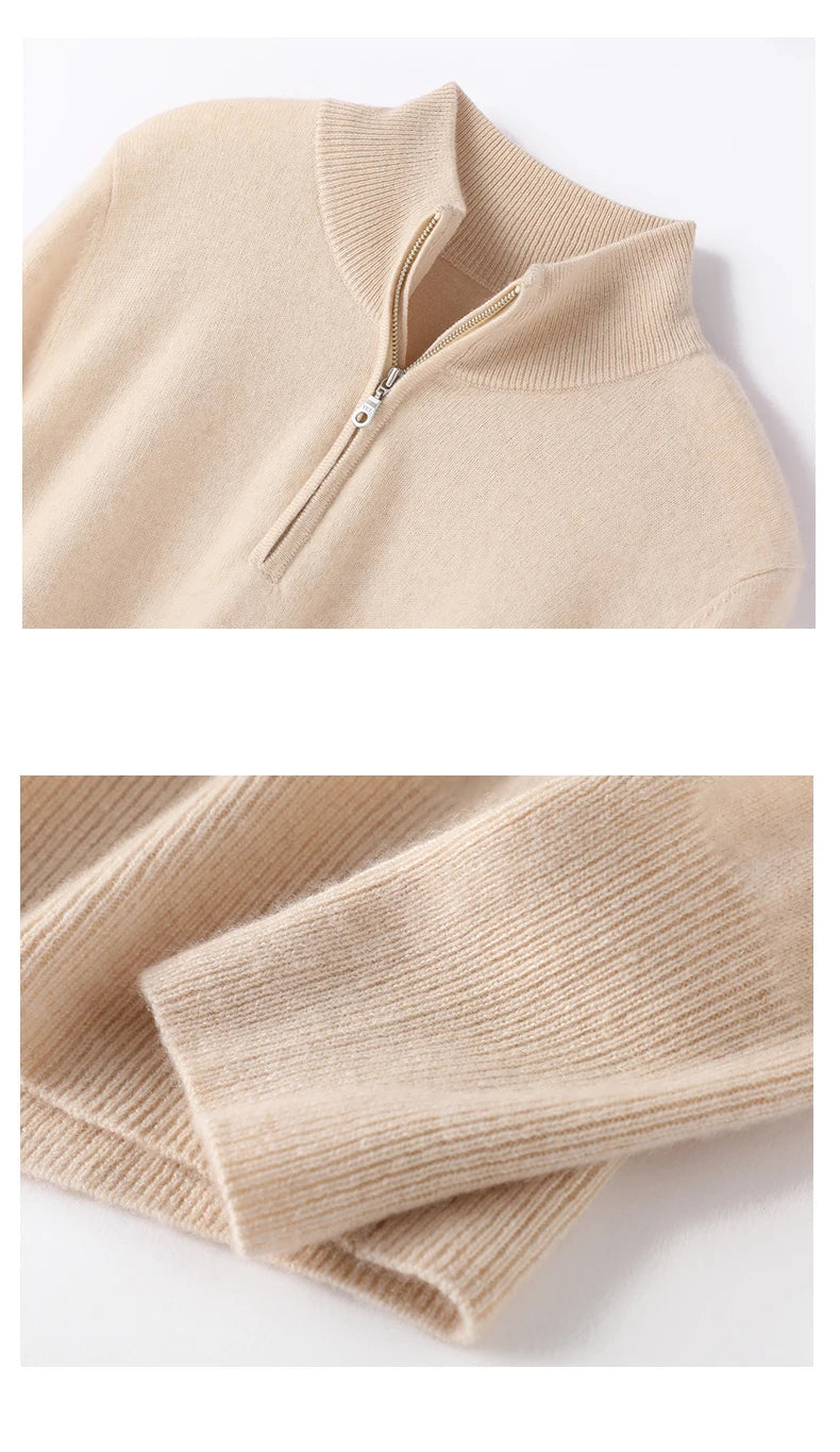 Men's Winter Cashmere Half-Zip Pullover Sweater – Model wearing beige cashmere half-zip in neutral interior