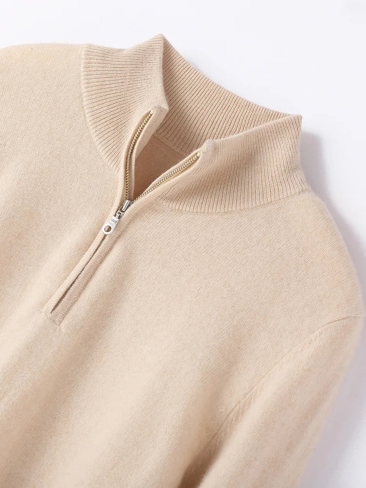 Men's Winter Cashmere Half-Zip Pullover Sweater – Side-by-side color comparison of beige, khaki, and camel