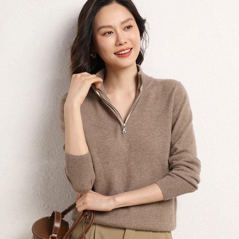 Men's Winter Cashmere Half-Zip Pullover Sweater – Camel cashmere half-zip pullover styled with trousers