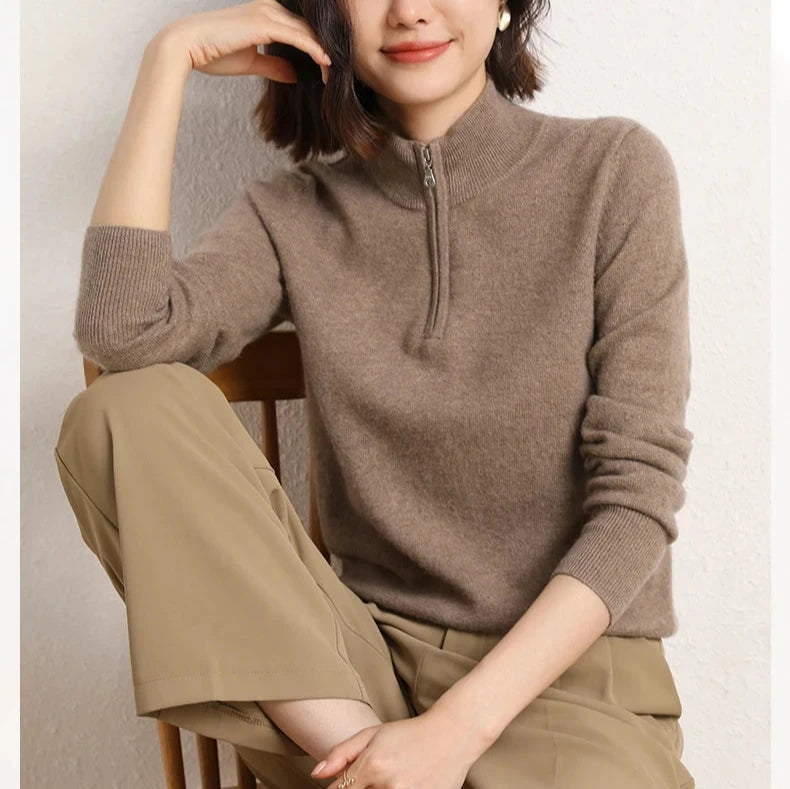Men's Winter Cashmere Half-Zip Pullover Sweater – Flat lay of beige cashmere half-zip sweater