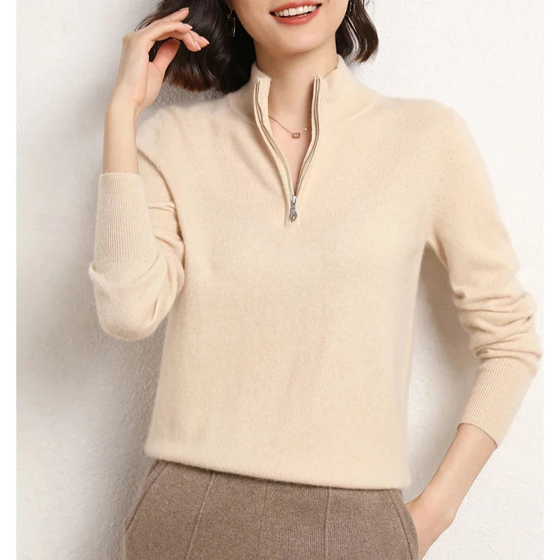 Men's Winter Cashmere Half-Zip Pullover Sweater – Close-up of cashmere fabric texture in khaki