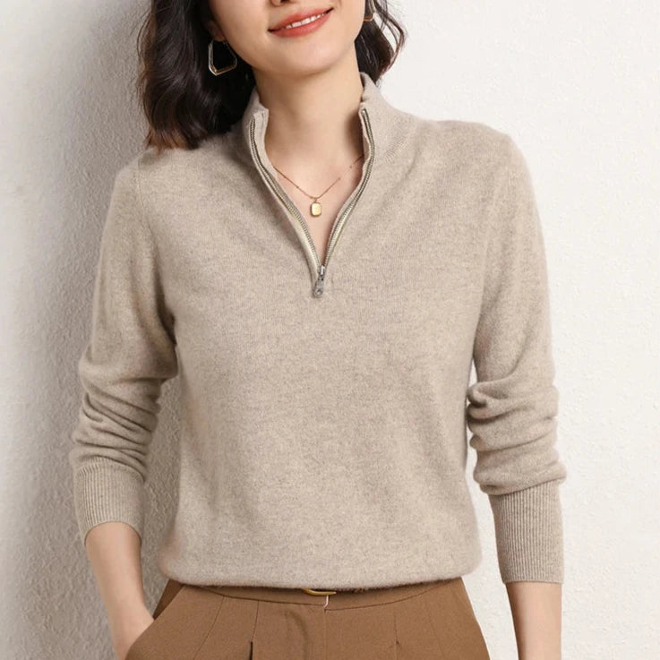 Men's Winter Cashmere Half-Zip Pullover Sweater – Model wearing camel half-zip pullover in outdoor setting
