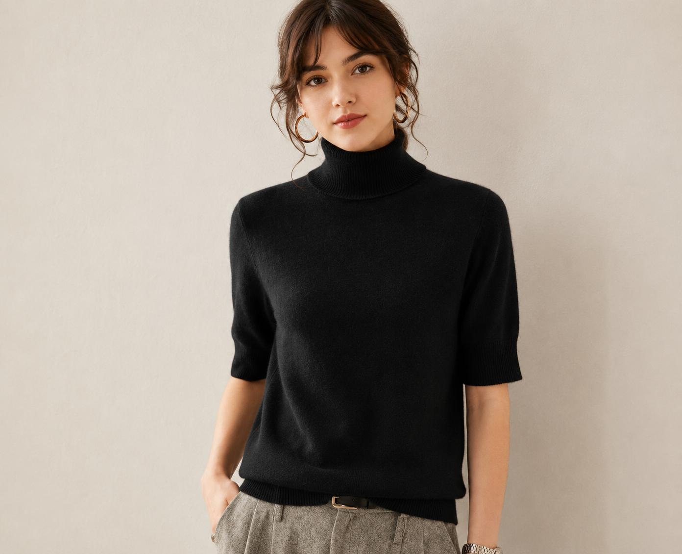 Women's Cashmere Short-Sleeve Turtleneck Top