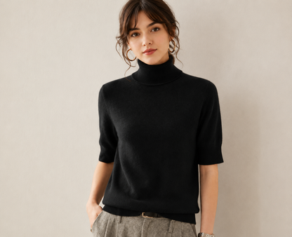 Women's Cashmere Short-Sleeve Turtleneck Top