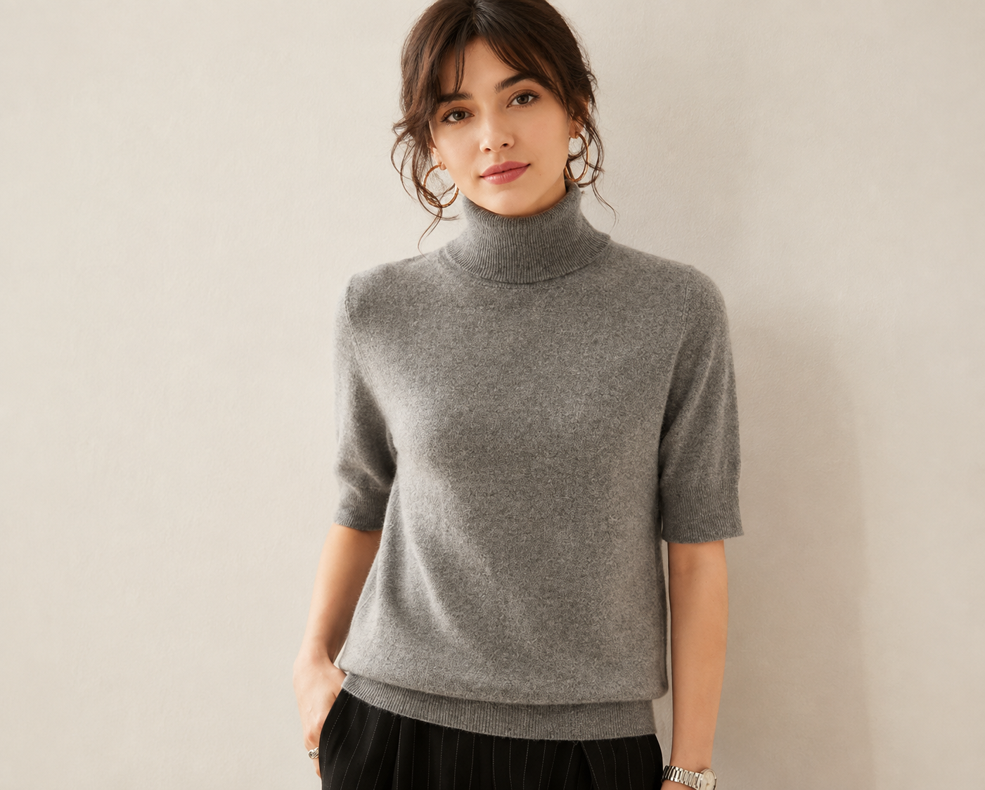 Women's Cashmere Short-Sleeve Turtleneck Top