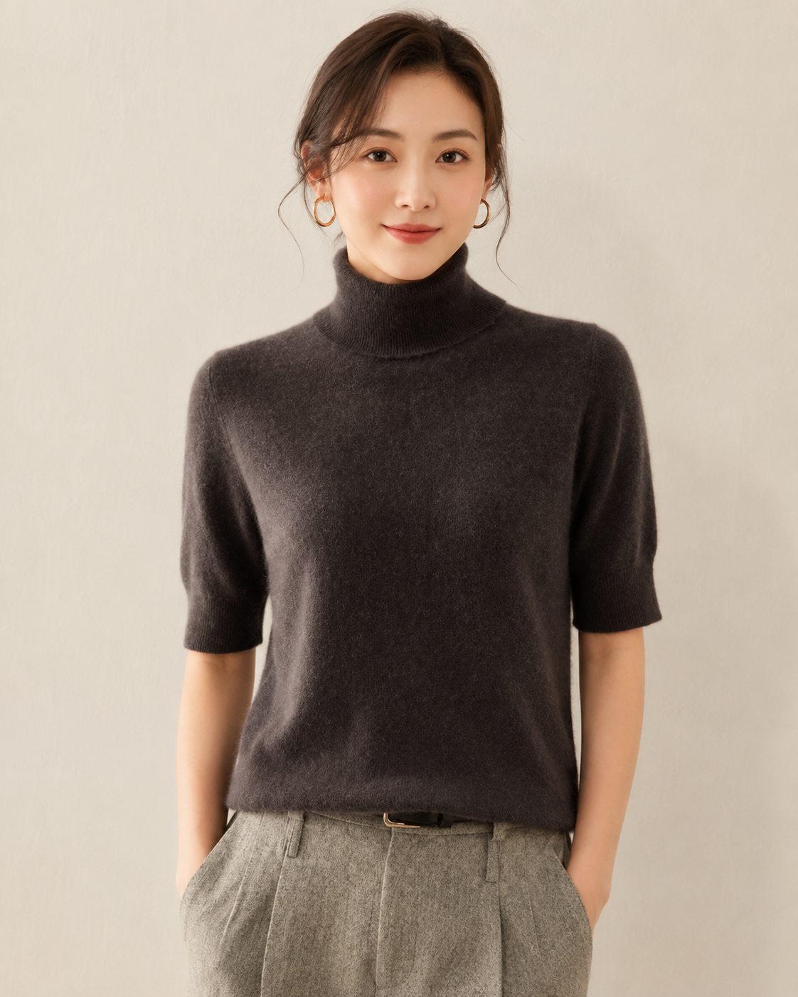 Women's Cashmere Short-Sleeve Turtleneck Top