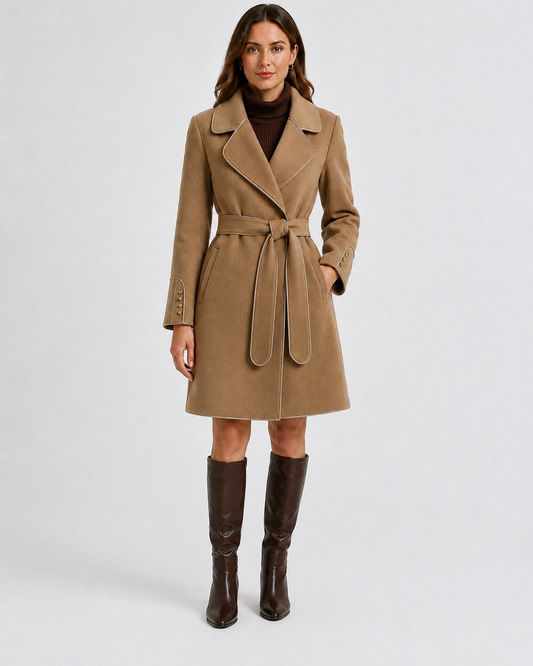 Women's Virgin Wool Trench Coat with Sash Belt