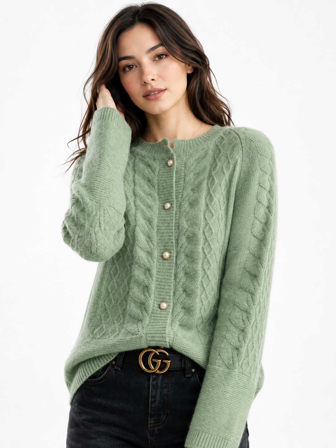 Women's Cable-Knit Wool Blend Cardigan with Pearl Buttons