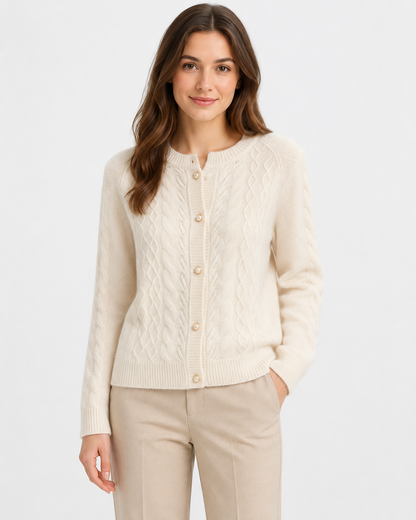 Women's Cable-Knit Wool Blend Cardigan with Pearl Buttons