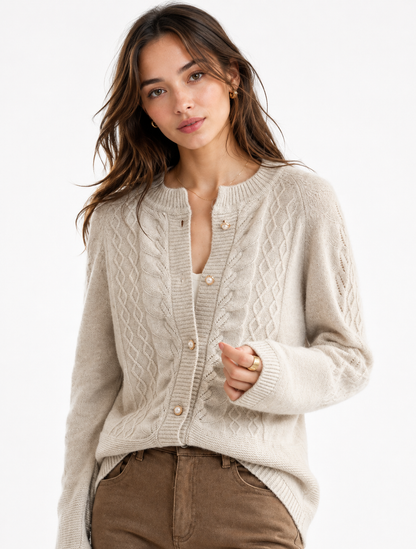 Women's Cable-Knit Wool Blend Cardigan with Pearl Buttons