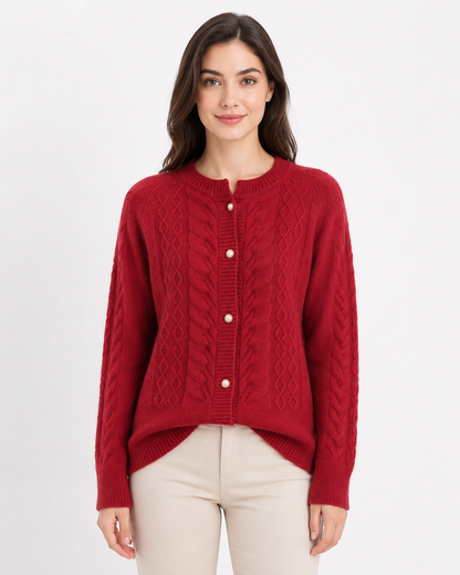 Women's Cable-Knit Wool Blend Cardigan with Pearl Buttons