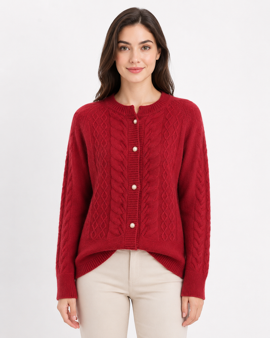 Women's Cable-Knit Wool Blend Cardigan with Pearl Buttons